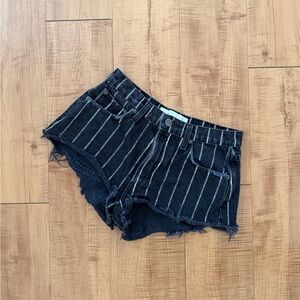 Reformation Black Pinstripe Denim Cutoff Shorts